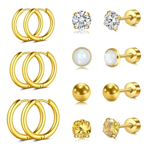AVYRING 7Pairs Gold Hoop Earrings Stud for Women Girls, Hypoallergenic Surgical Steel Flat Back Cartilage Helix Earrings Set with 3mm Coloured CZ, Huggie Hoop Earrings 10mm 12mm 14mm von AVYRING