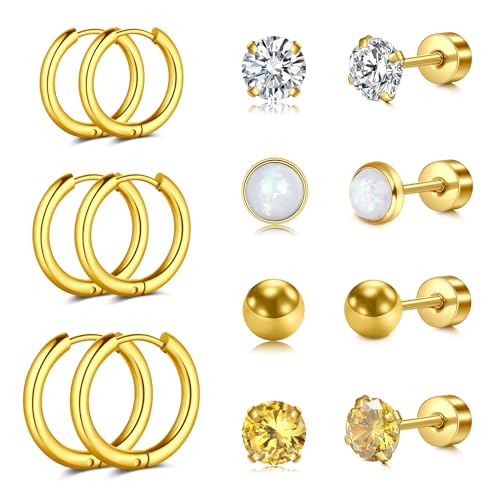 AVYRING 7 Paar Gold Creolen Ohrringe Stecker für Damen Mädchen, Chirurgischer Edelstahl flach zurückliegende Knorpel Helix Ohrringe Set mit 3mm farbigen CZ, Huggie Creolen 10mm 12mm 14mm von AVYRING