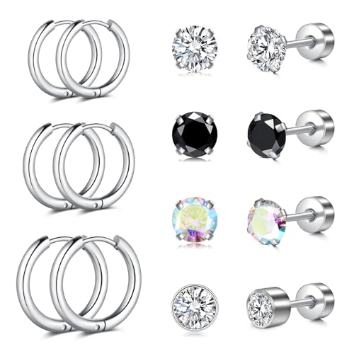 AVYRING 7 Paar Silber Creolen Ohrringe Stecker für Damen Mädchen, Chirurgischer Edelstahl flach zurückliegende Knorpel Helix Ohrringe Set mit 3mm farbigen CZ, Huggie Creolen 10mm 12mm 14mm von AVYRING