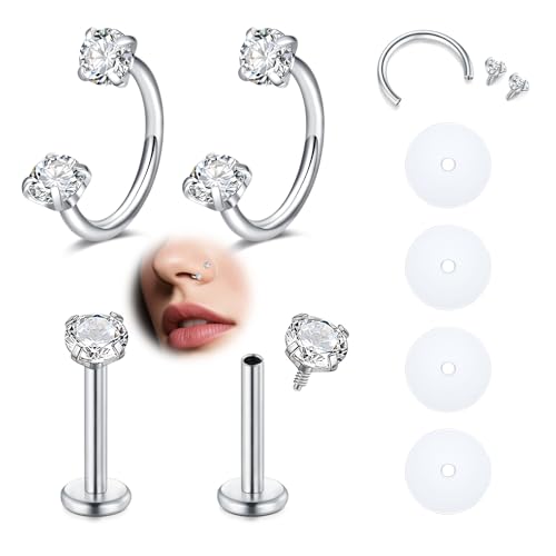 AVYRING 8 Stück CZ Horseshoe Piercing & Flatback Studs für Damen, 18G Internal Thread Surgical Steel Medusa Piercing Schmuck für Nase, Septum, Labret, Lippe, Helix, Daith & Rook 8mm, Silber von AVYRING