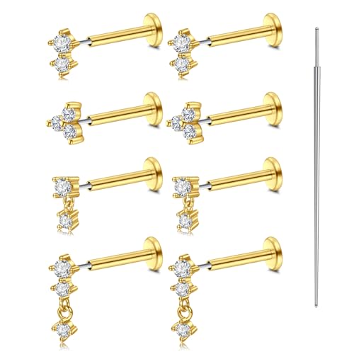 AVYRING 9 Stk Flat Back Ohrringe für Damen, Edelstahl Threadless Stecker, 20G 8mm Push-in Nasenstecker mit CZ, Helix Tragus Conch Daith Rook Cartilage Lippen Labret Piercing Schmuck, Gold von AVYRING