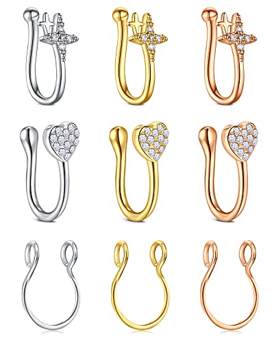 AVYRING Fake Nasenpiercing Ring Faux Septum Ring Ohrklemme Chirurgenstahl Damen Diamant CZ Stern Herz Clip On Nostril Piercing Schmuck 9 Stück von AVYRING