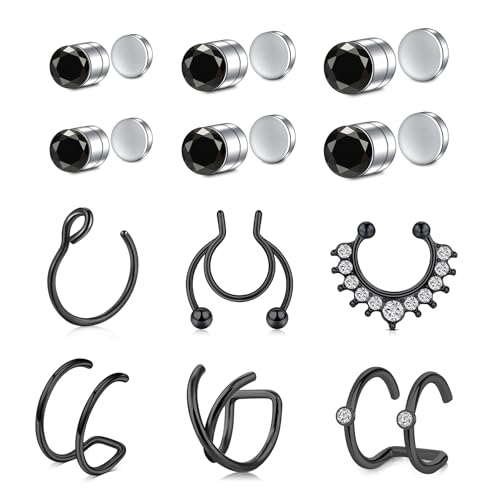 AVYRING Fake Nasenring Schwarz Nasenstecker Non Piercend Magnetischer Nasenring Septum Lippen und Ohrringe Edelstahl Falsche Nasenreifen für Nasenpiercing Schmuck für Frauen Männer von AVYRING