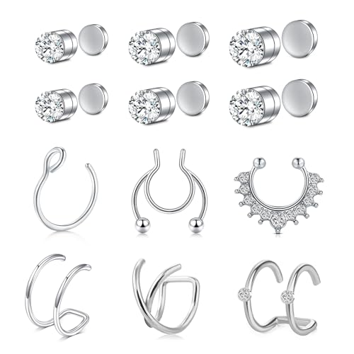 AVYRING Fake Nasenring Silber Nasenstecker Non Piercend Magnetischer Nasenring Septum Lippen- und Ohrringe Edelstahl Falsche Nasenreifen für Nasenpiercing Schmuck für Frauen Männer von AVYRING