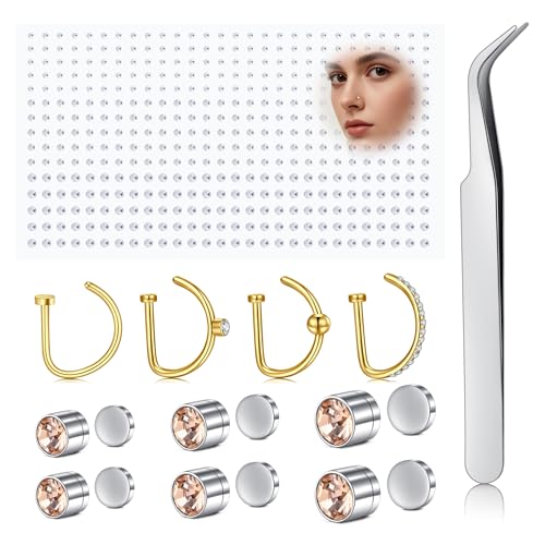 AVYRING Fake Nose Ring & Strasssteine Selbstklebend - 18G Edelstahl Magnet Stecker Ohrringe, Clip-On Nasenschmuck für Damen & Herren, Gold von AVYRING