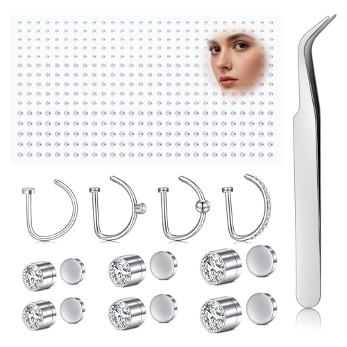 AVYRING Fake Nose Ring & Strasssteine Selbstklebend - 18G Edelstahl Magnet Stecker Ohrringe, Clip-On Nasenschmuck für Damen & Herren, Silber von AVYRING