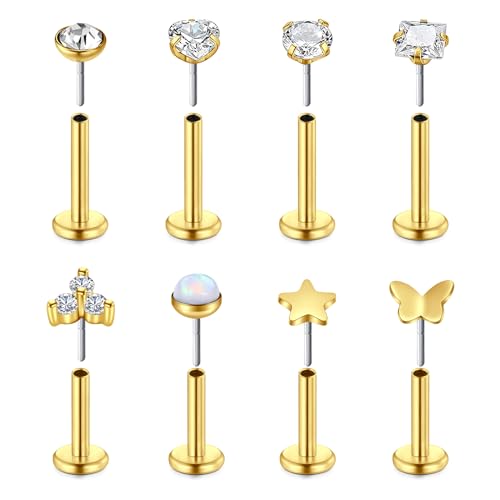 AVYRING Flachrückige Tragus-Piercings, 16G 6mm 8mm Gold Chirurgenstahl Lippenpiercing Set mit eingebetteten CZ & Opal Knorpel Labret Helix Piercing Schmuck für Frauen Mädchen von AVYRING