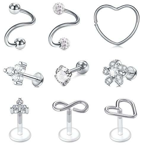 AVYRING Helix Piercing Kit Chirurgenstahl Herz Daith Piercing Damen Herren Lippenpiercing Tragus Stud Piercing Ohr 9 Stück Silber von AVYRING
