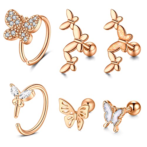 AVYRING Helix Piercing Rose Gold Schmetterling Conch Cartilage Piercing Ohr Damen Chirurgenstahl Tragus Ohrring Helix Ohrstecker Piercing 6 Stück von AVYRING