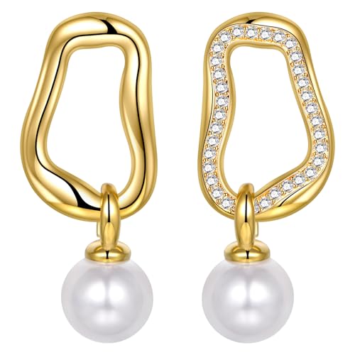AVYRING Perlen Ohrringe Hängend, Hypoallergene Goldene Ohrringe für Damen, Geometrische Diamant Ohrstecker, Eleganter und Feiner Schmuck für Bräute Brautjungfern Hochzeit von AVYRING