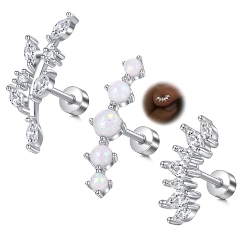 AVYRING Silber Flat Back Stecker Set für Damen - 16G Edelstahl Knorpel Ohrringe mit Blatt, Opal und Zirkonia Design für Helix, Tragus, Daith & Conch Piercings von AVYRING