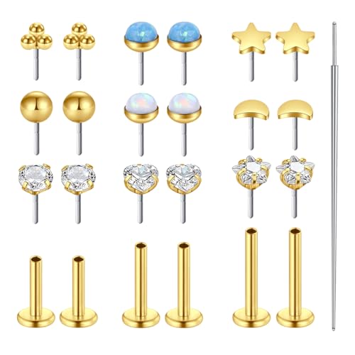 AVYRING Threadless Flatback Ohrringe für Damen, 16G Chirurgenstahl Gold Nasenstecker mit Opal, Stern, Mond, Herz CZ Labret Tragus Cartilage Conch Helix Piercing Schmuck, 6mm 8mm 10mm von AVYRING