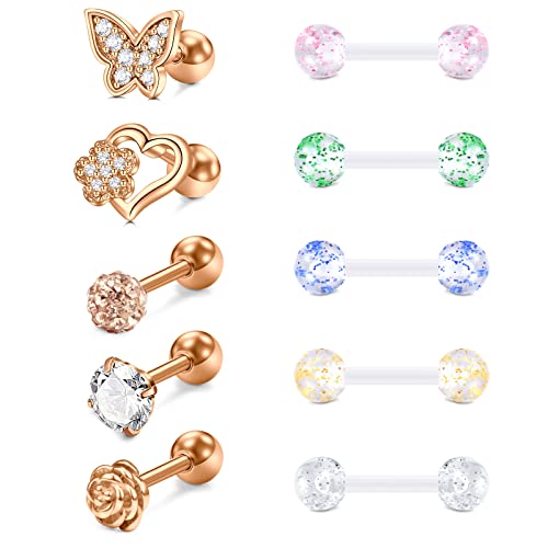 AVYRING Tragus Piercing Stud Ohr Bioflex & Chirurgenstahl 16G Helix Ohrstecker Ring Damen Glitzer Kugeln 10 Stück - Rose Gold von AVYRING