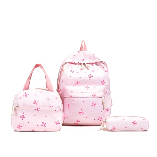 AVZYARDY 3-in-1 Kawaii Schleifen Rucksack Set for Mädchen, Süßer Ästhetischer Schulranzen mit Brotdose & Federtasche, Preppy Nylon Rucksack for Teenager, Hochschule, Grund- und Sekundarschüler von AVZYARDY