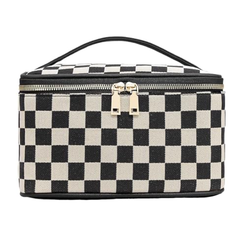 Leder tragbarer Karierte Kosmetikbeutel Frauen Reisen Griff Toilettenbeutel (schwarz) von AVZYARDY