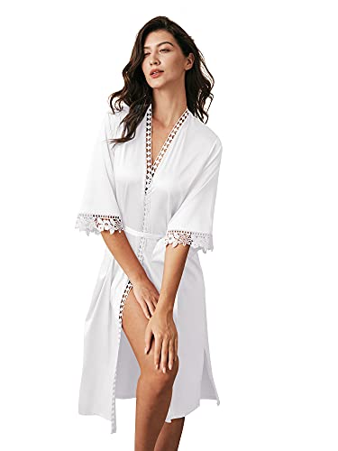 AW BRIDAL Brautjungfern-Bademäntel Damen Satin Robe Seide Robe mit Spitzenbesatz Lange Brautparty Roben Hochzeit Brautdusche Geschenke, Weiss/opulenter Garten, Large von AW BRIDAL