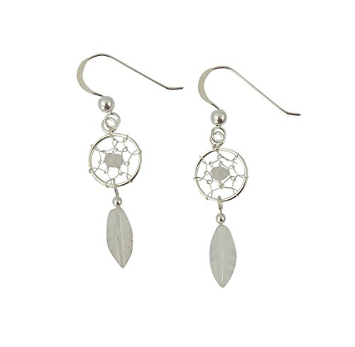 Ohrringe Ohrhänger Traumfänger mit Perle und Feder aus Mondstein 925er Sterling Silber 10 mm Ø Country Western von AW-Collection