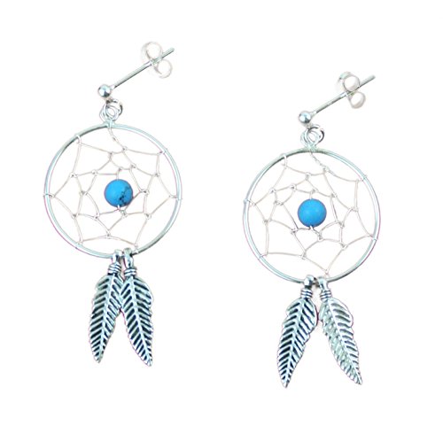 Ohrringe Ohrstecker Traumfänger mit Türkis 925er Sterling Silber 2 Federn (16 mm) von AW-Collection