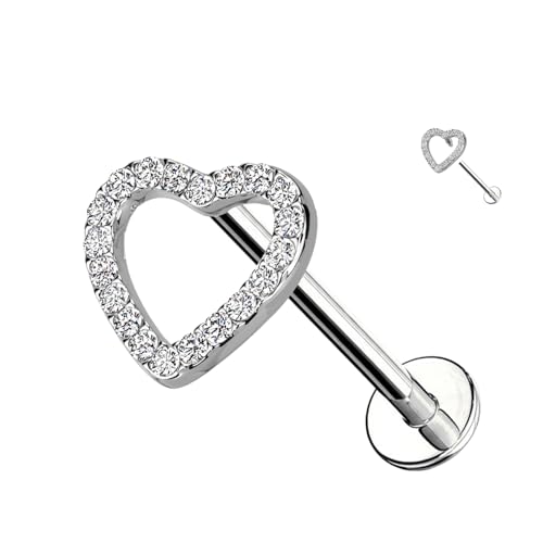 Herzförmiges Titan-Labret-Piercing mit Kristallen und Innengewinde, Helix-Creolen, Daith, Tragus, Tragus, Rook Conch, Knorpelohrring für Damen, PWC-055, Silber mit Transparent von AWAKEN