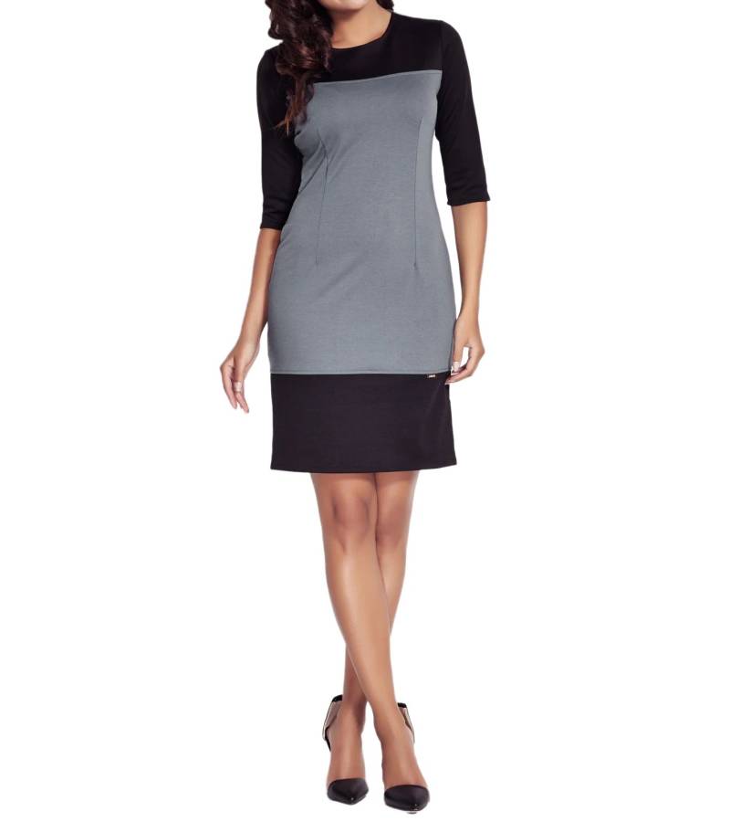 AWAMA Damen Midi-Kleid tailliertes Jersey-Kleid im Color-Block-Style A78 Blau-Grau/Schwarz von AWAMA
