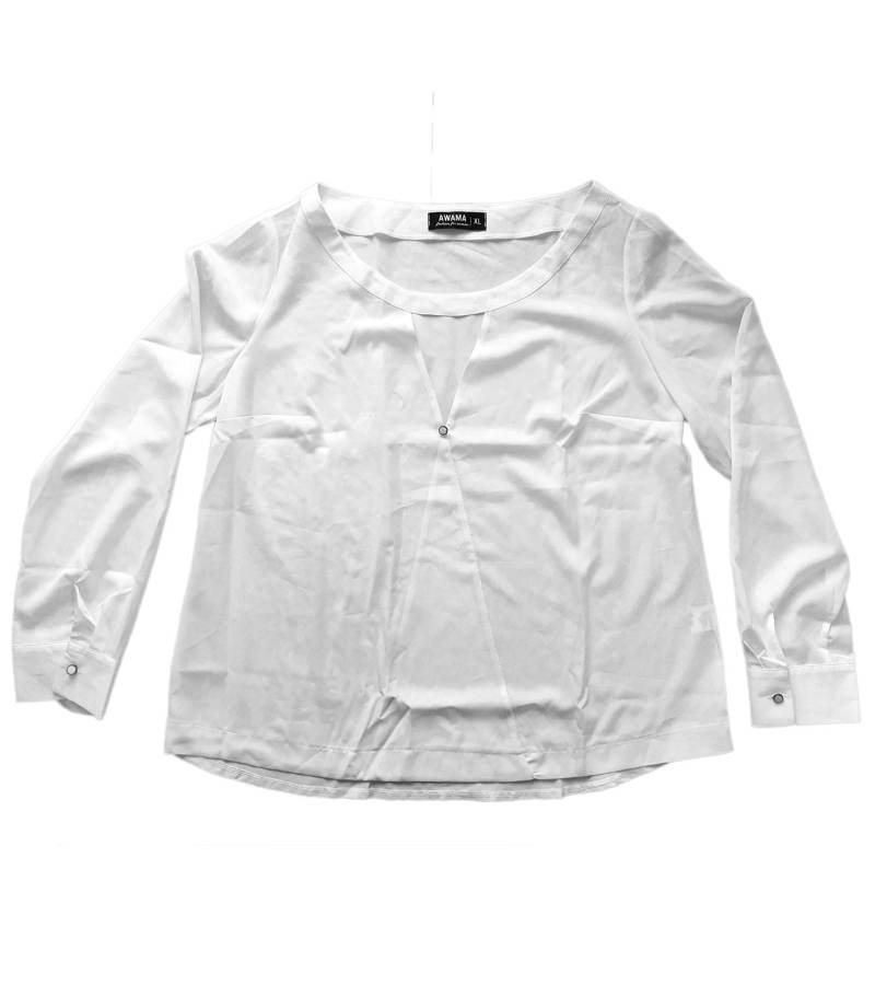 AWAMA Damen Sommer-Bluse mit V-Ausschnitt und Deko-Knopf Langarm-Shirt 49089472 Weiß von AWAMA