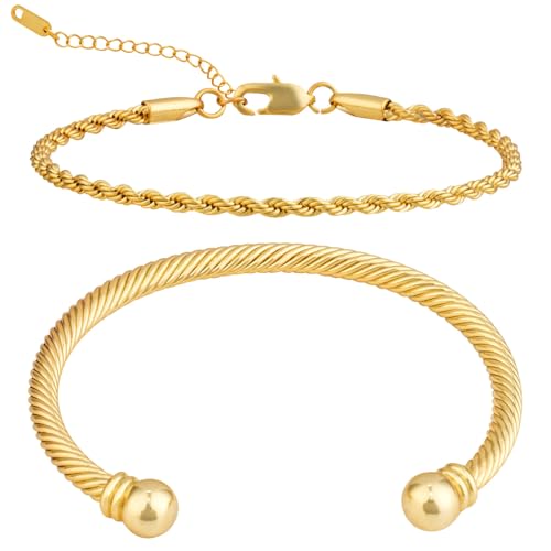 AWARDSEN 2 Pcs Offener Gold Armreif Armband Damen, Armreifen Verstellbar Armband Frauen Set, Gold 14 Karat Vergoldet Edelstahl armbänder, Stapelarmbänder Schmuck Bracelet für Damen von AWARDSEN