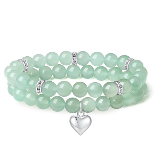 AWARDSEN Herz Edelstein Armband Damen, Grün Aventurin Kristall 8mm Edelstein Schmuck, Heilsteine Armband, Partnerarmbänder Geschenk für Frauen von AWARDSEN
