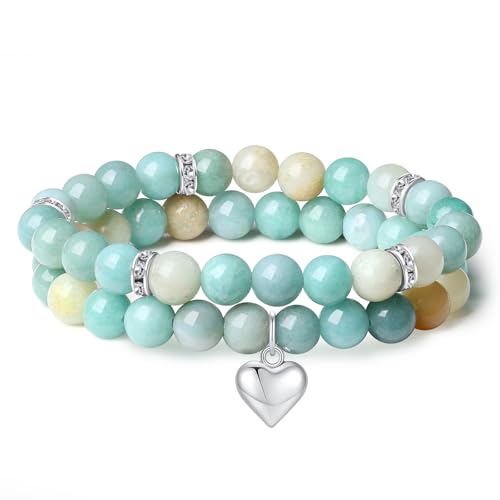 AWARDSEN Herz Edelstein Armband Damen, Grün Kristall Armband Edelstein 8mm Edelstein Schmuck, Amazonit Heilsteine Armband, Partnerarmbänder Geschenk für Frauen (2 PCS) von AWARDSEN