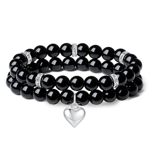 AWARDSEN Herz Edelstein Armband Damen, Schwarz Kristall 8mm Edelstein Schmuck, Obsidian Heilsteine Armband, Partnerarmbänder Geschenk für Frauen (2 PCS) von AWARDSEN