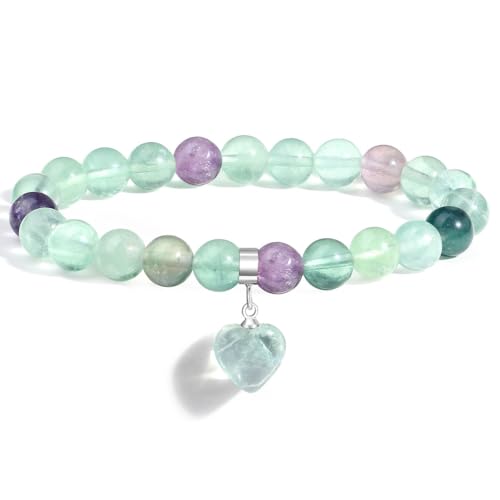 AWARDSEN Herz Heilsteine Armband, Fluorit Edelstein Armband Damen, Grün Kristall 8mm Edelstein Schmuck Geschenk für Frauen von AWARDSEN