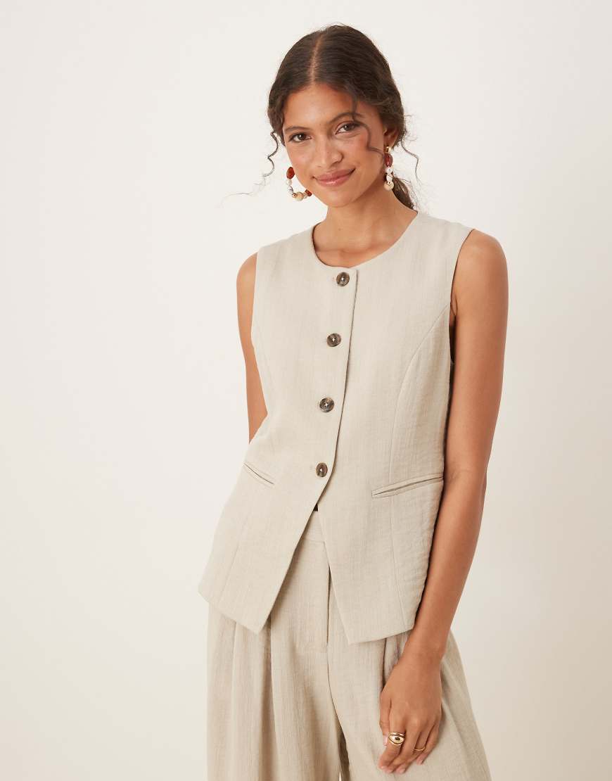 Aware - Mix & Match - Premium - Elegante Longline-Weste in Steinbeige mit hohem Ausschnitt, Kombiteil-Neutral von AWARE