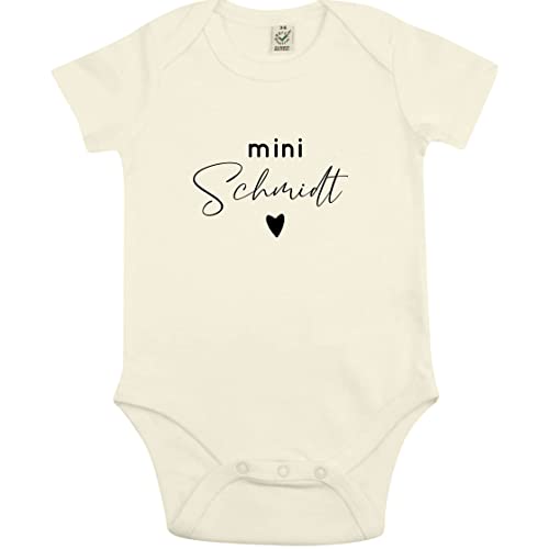 AWASG Baby Body mit Name | Mini 'Nachname' mit Herz | Personalisiertes Geschenk Geburt Neugeborene Kurzarm Mädchen Jungen | Individueller Babybody (gelb) 6-12 Monate von AWASG