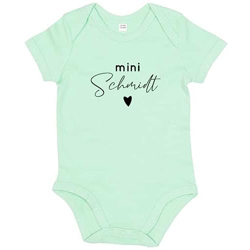 AWASG Baby Body mit Name | Mini 'Nachname' mit Herz | Personalisiertes Geschenk Geburt Neugeborene Kurzarm Mädchen Jungen | Individueller Babybody (mint) 0-3 Monate von AWASG