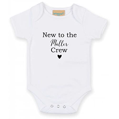 AWASG Body Baby mit Name Spruch | New to the Crew | Personalisiertes Geschenk Strampler Geburt Neugeborene Kurzarm 0-3 Monate (weiß) von AWASG