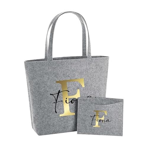 AWASG Filztasche Damen-Tasche mit kleinem Etui - Bedruckt und Personalisiert mit Buchstabe Monogramm Name - Shopper Geschenk für Sie (hellgrau) von AWASG