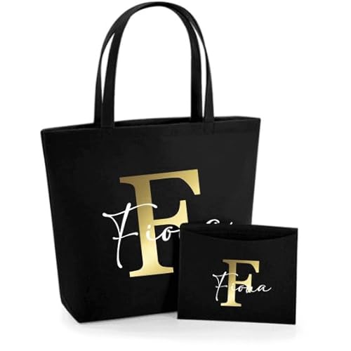 AWASG Filztasche Damen-Tasche mit kleinem Etui - Bedruckt und Personalisiert mit Buchstabe Monogramm Name - Shopper Geschenk für Sie (schwarz) von AWASG