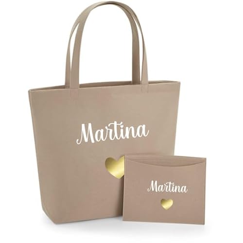 AWASG Filztasche Damen-Tasche mit kleinem Etui - Bedruckt und Personalisiert mit Herz Name - Shopper Geschenk für Sie (sand) von AWASG