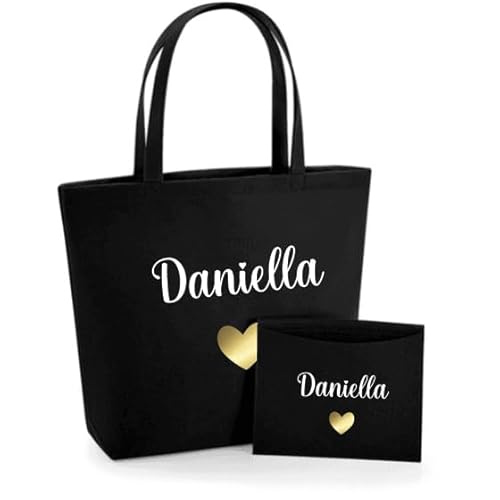 AWASG Filztasche Damen-Tasche mit kleinem Etui - Bedruckt und Personalisiert mit Herz Name - Shopper Geschenk für Sie (schwarz) von AWASG