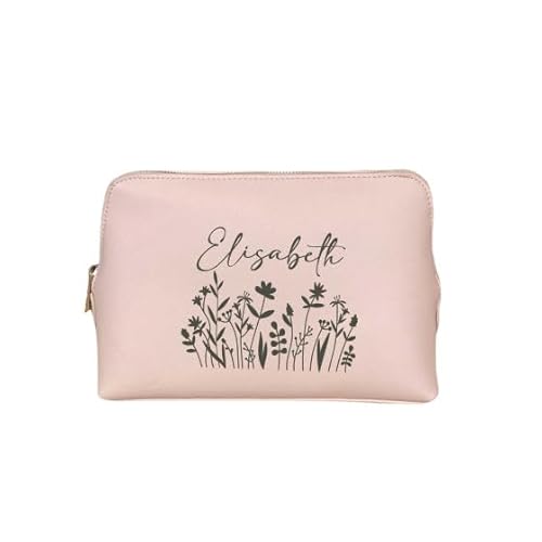 AWASG Kosmetiktasche Make-up Bag - Personalisiert mit Name - Schminktasche Floraler Print Blumen - Kulturtasche Mädchen Damen - L (25 x 16 x 10,3 cm) (rosa) von AWASG