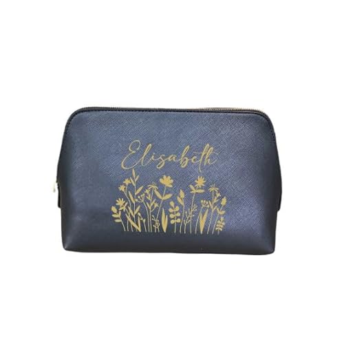 AWASG Kosmetiktasche Make-up Bag - Personalisiert mit Name - Schminktasche Floraler Print Blumen - Kulturtasche Mädchen Damen - L (25 x 16 x 10,3 cm) (schwarz) von AWASG