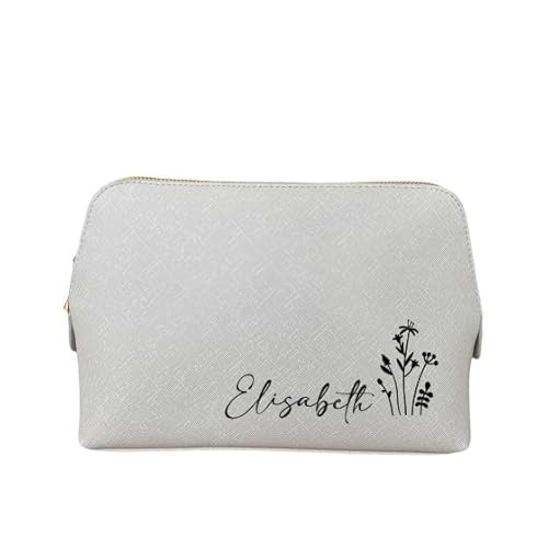 AWASG Kosmetiktasche Make-up Bag - Personalisiert mit Name - Schminktasche mit Blumen - Kulturtasche Mädchen Damen - L (25 x 16 x 10,3 cm) (grau) von AWASG