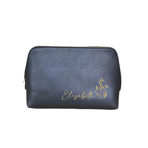 AWASG Kosmetiktasche Make-up Bag - Personalisiert mit Name - Schminktasche mit Blumen - Kulturtasche Mädchen Damen - L (25 x 16 x 10,3 cm) (schwarz) von AWASG