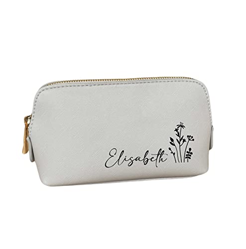 AWASG Kosmetiktasche Make-up Bag - Personalisiert mit Name - Schminktasche mit Blumen - Kulturtasche Mädchen Damen - M (18 x 11 x 4,5 cm) (grau) von AWASG