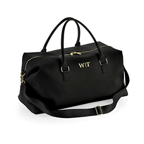 AWASG Personalisierte Weekender Reisetasche für Damen | Sport- und Reisetasche mit Initialen | Frauentasche groß Totebag mit abnehmbarem Umhängegurt (schwarz) von AWASG