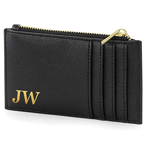 AWASG Personalisiertes Kartenetui mit Münzfach für Damen Herren | Kleine Geldbörse mit Kartenfach | Kartenhalter Portemonnaie für Sie Ihn mit Initialen schwarz/Gold von AWASG