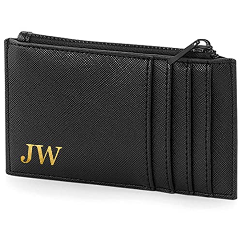 AWASG Personalisiertes Kartenetui mit Münzfach für Damen Herren | Kleine Geldbörse mit Kartenfach | Kartenhalter Portemonnaie für Sie Ihn mit Initialen schwarz/schwarz von AWASG