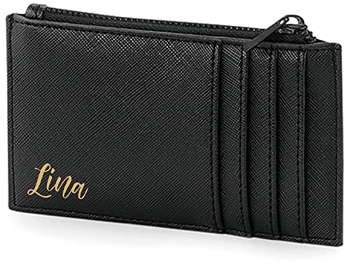 AWASG Personalisiertes Kartenetui mit Münzfach für Damen Herren | Kleine Geldbörse mit Kartenfach | Kartenhalter Portemonnaie für Sie Ihn mit Name schwarz/schwarz von AWASG