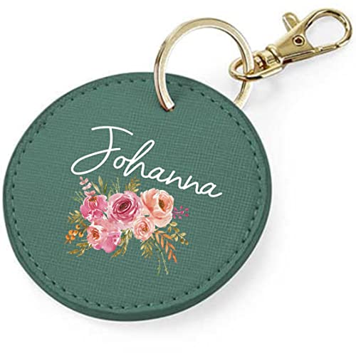 AWASG Schlüsselanhänger personalisiert mit Namen und Blumen | Taschenanhänger Accessoire rund mit Ring und Karabiner in gold | Geschenk Damen Kinder Mädchen(dunkelgrün) von AWASG