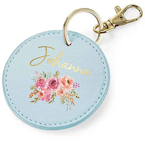 AWASG Schlüsselanhänger personalisiert mit Namen und Blumen | Taschenanhänger Accessoire rund mit Ring und Karabiner in gold | Geschenk Damen Kinder Mädchen(hellblau) von AWASG