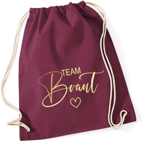 AWASG Turnbeutel JGA Team Braut mit Herz - Braut Jutebeutel zum Zuziehen - Junggeselinnenabschied Accessoire Bride (burgund) von AWASG